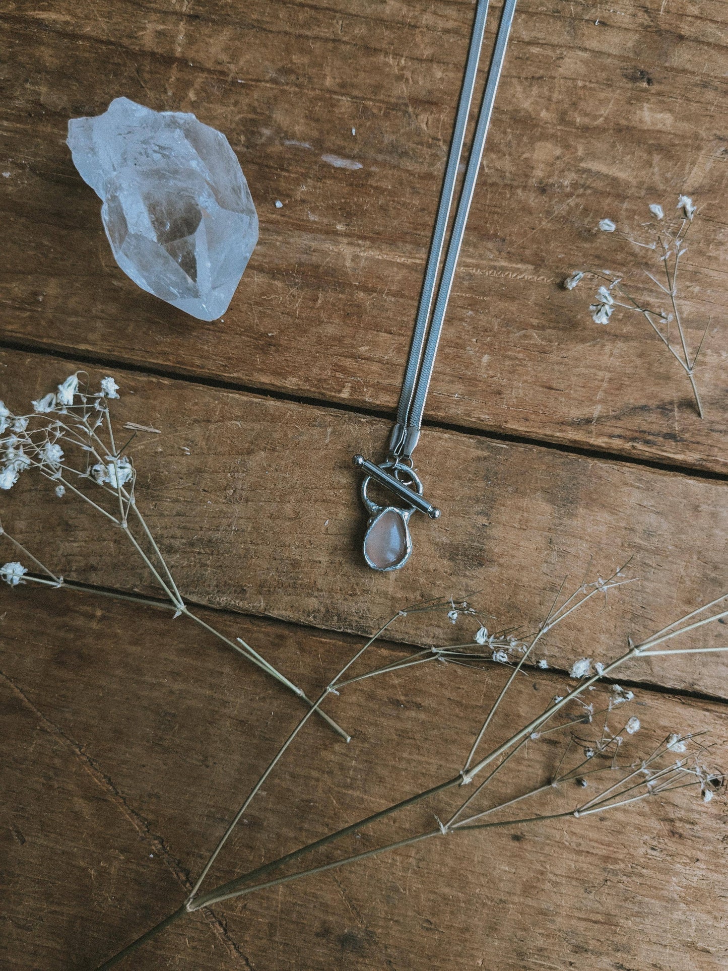 Rose Quartz Dew Drop Necklace - Herringbone Necklace