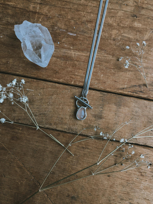 Rose Quartz Dew Drop Necklace - Herringbone Necklace